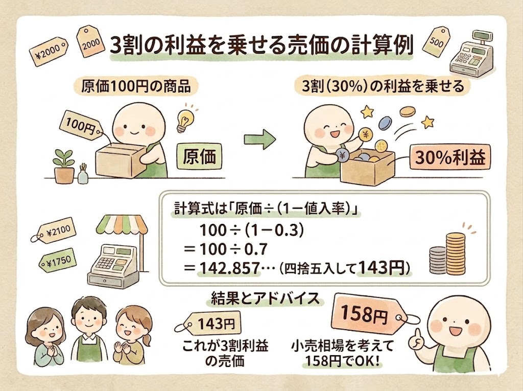原価100円の商品に3割（30％）の利益を乗せて売価を決定するといくらになるのか？