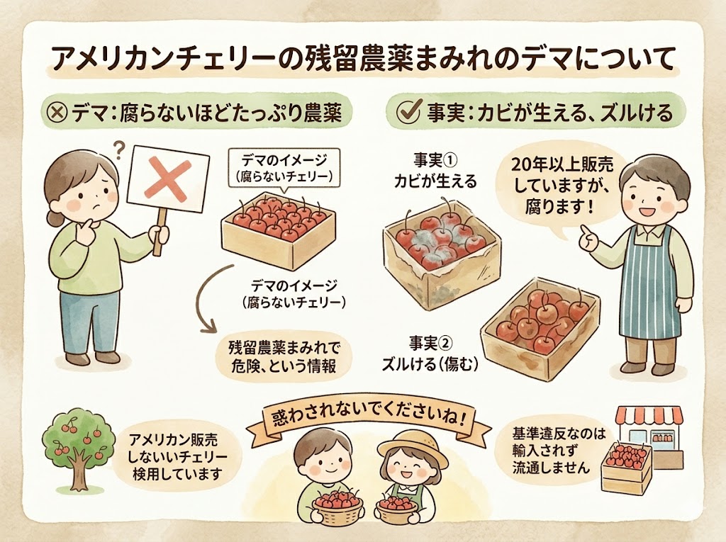 「アメリカンチェリーには、腐らないほどの農薬が使われているから危険」という情報はデマ