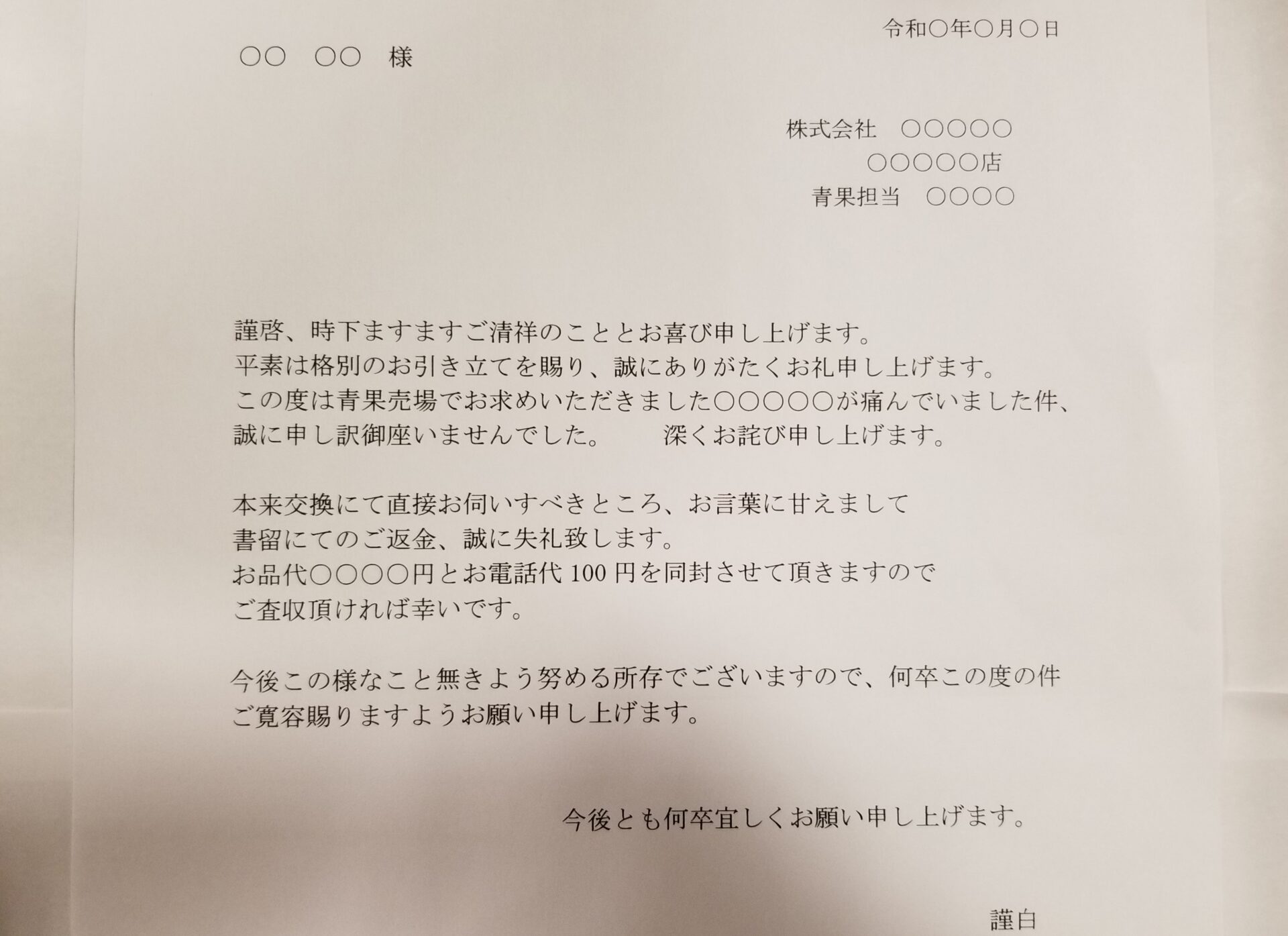 お詫び文（お詫び状）の例文テンプレート【ご返金やご返品を郵送で行う場合】 | ベジふる