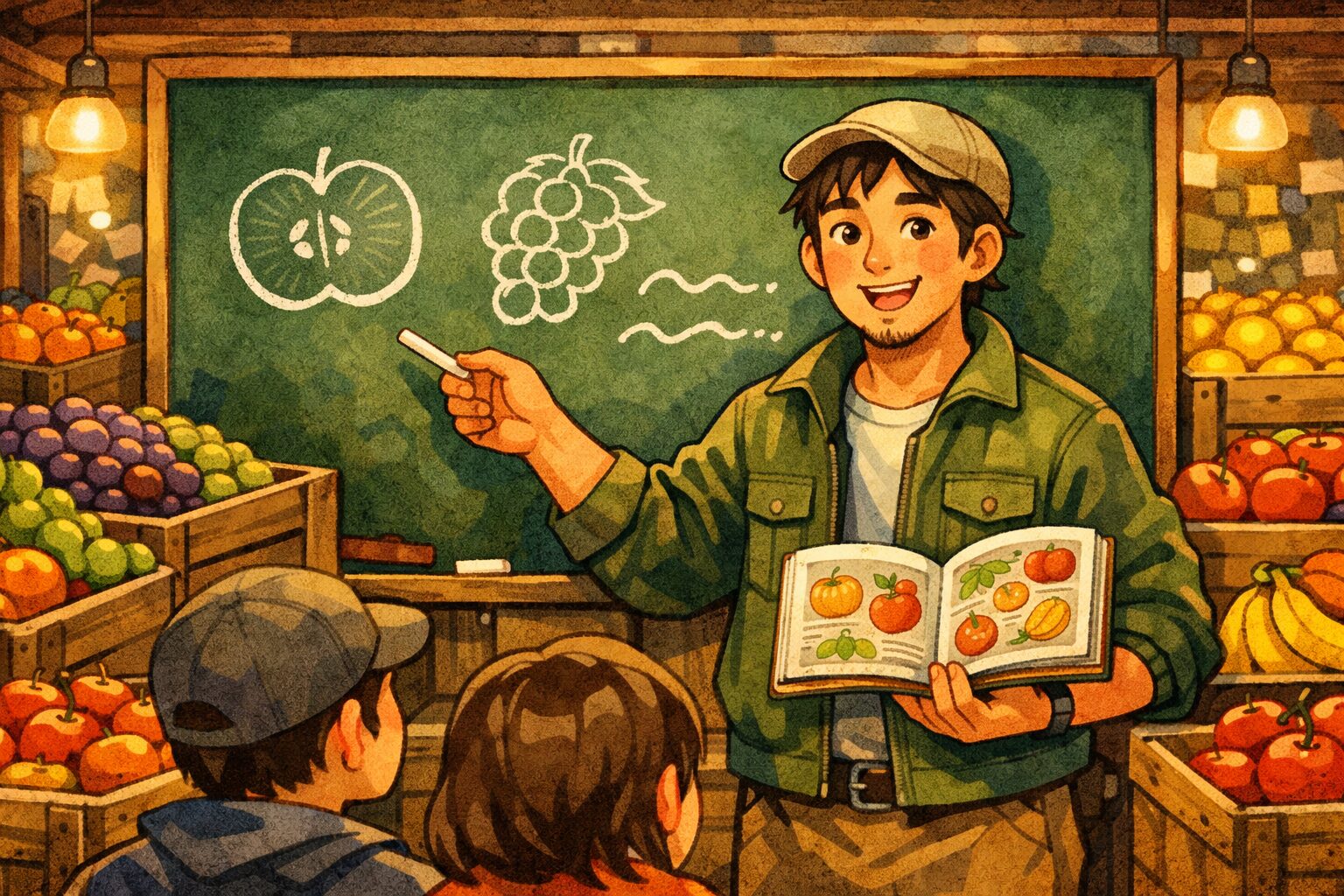 果物について解説する男性