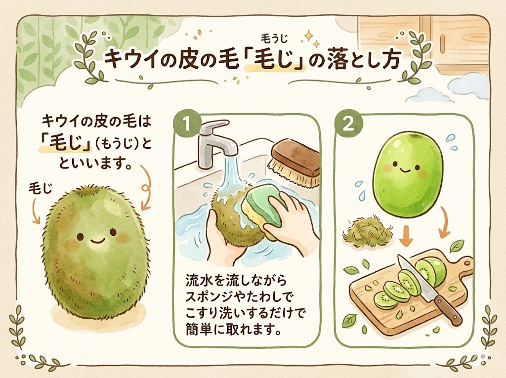キウイの皮の毛は「毛じ（もうじ）」といいます。流水を流しながらスポンジやたわしでこすり洗いするだけで簡単に取れます。