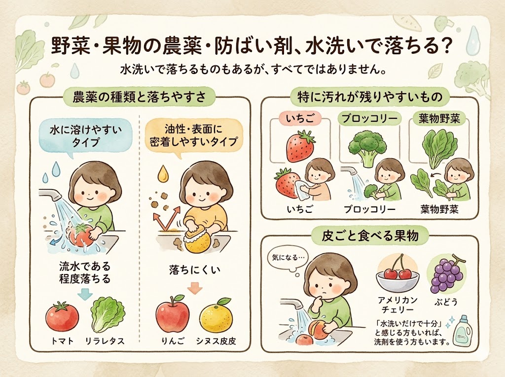野菜や果物の農薬・防ばい剤は水洗いだけで落ちる？