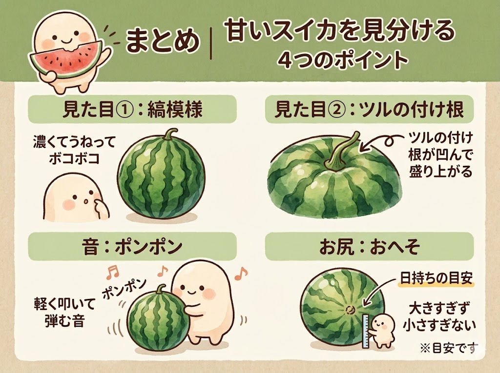甘いスイカを見分ける4つのポイント