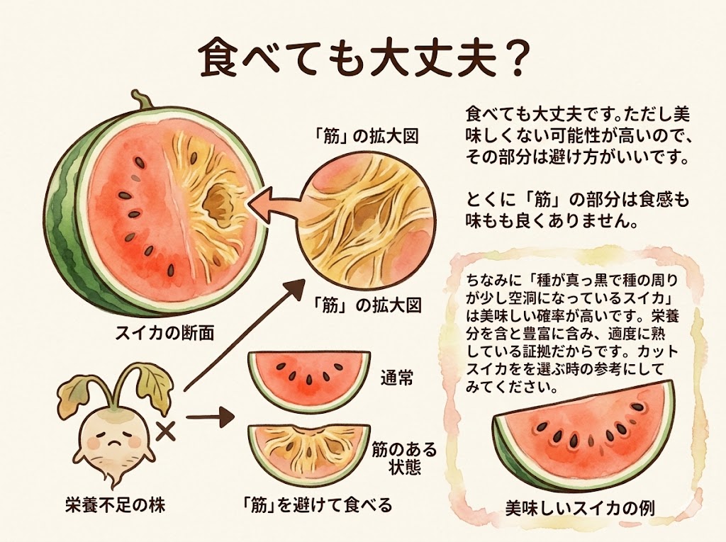種の周りが空洞になったり、黄色く変色しているスイカは美味しくない 