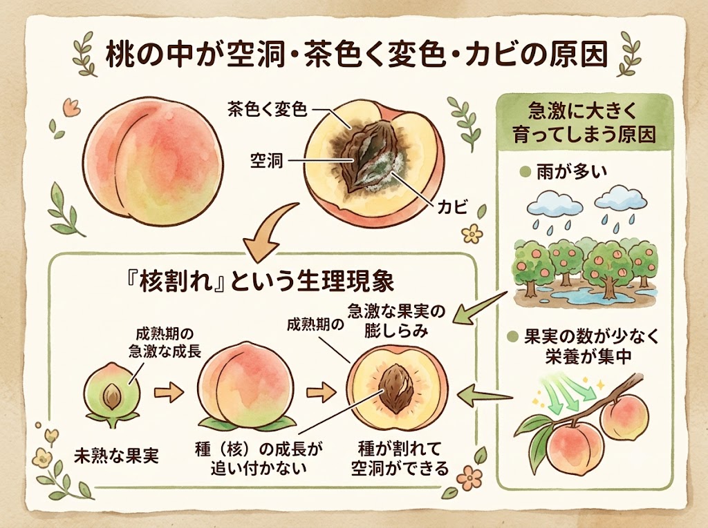 桃の中が空洞になっていて茶色く変色し、カビが生える原因