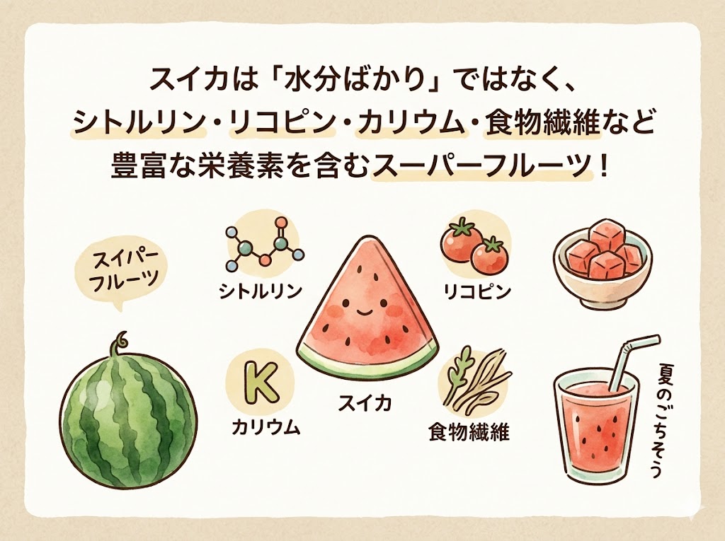 スイカは「水分ばかり」ではなく、シトルリン・リコピン・カリウム・食物繊維など豊富な栄養素を含むスーパーフルーツ