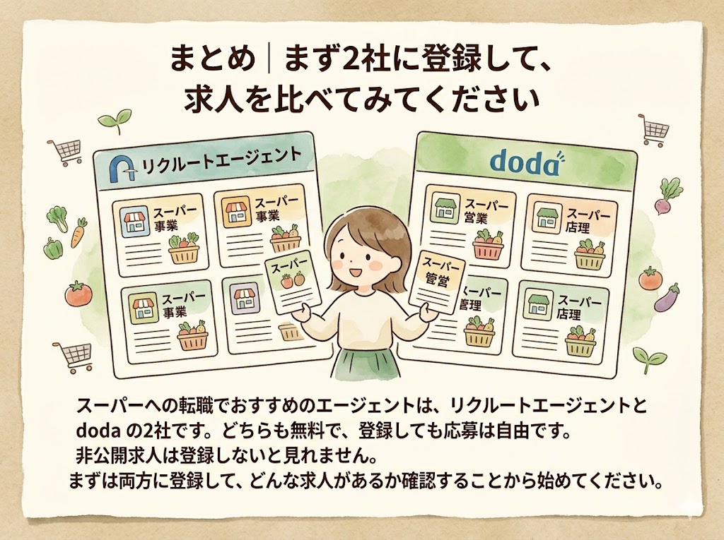 スーパーへの転職でおすすめのエージェントは、リクルートエージェントとdodaの2社です。