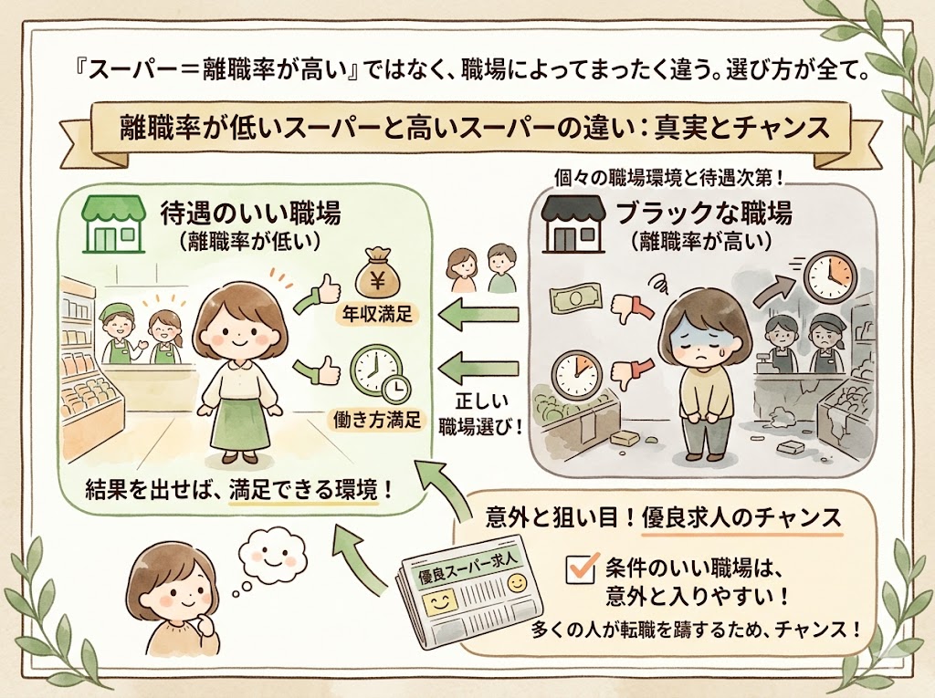 「スーパー＝離職率が高い」ではなく、職場によってまったく違う。選び方が全て。