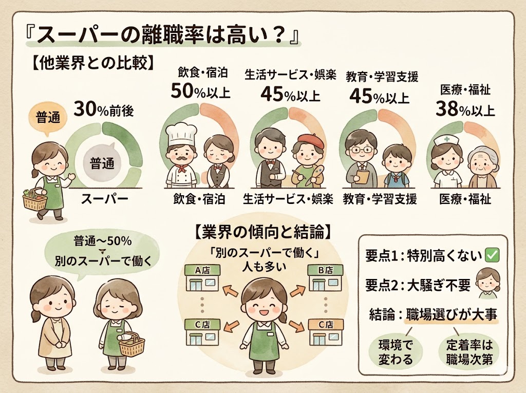 スーパーの離職率は、他業界と比べると「特別に高い」わけではない。ただし職場選びで大きく変わる。