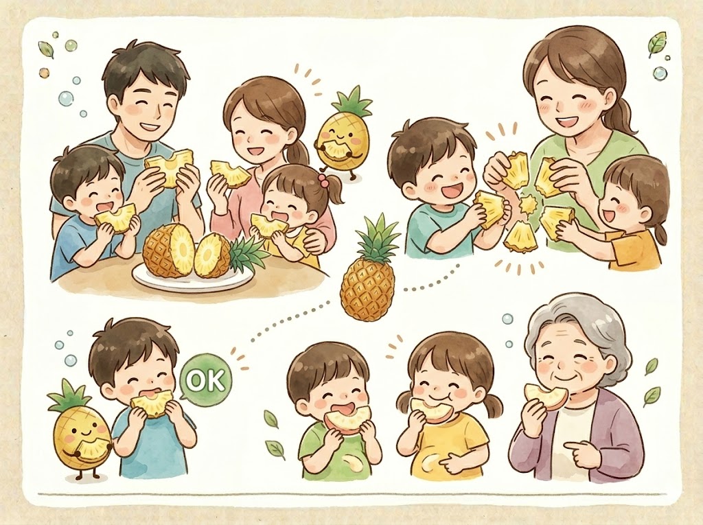 芯まで食べられるパイナップルを楽しむ家族