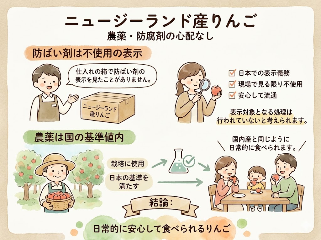 結論：ニュージーランド産りんごの農薬・防腐剤は心配なし