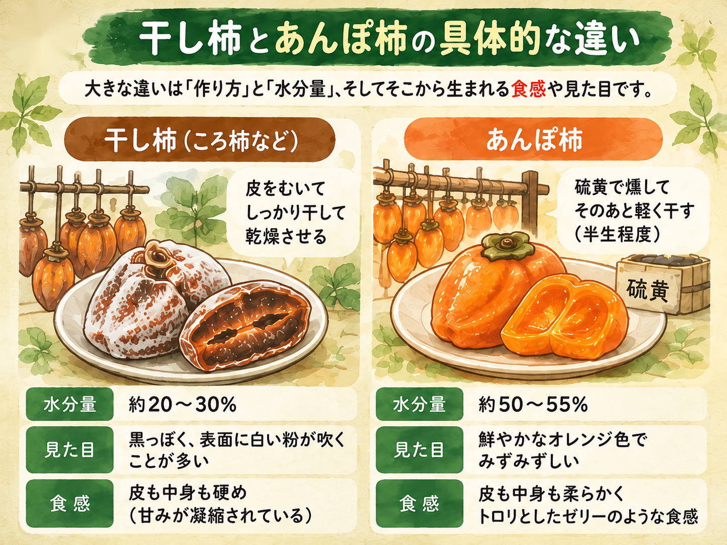 干し柿とあんぽ柿の具体的な違い