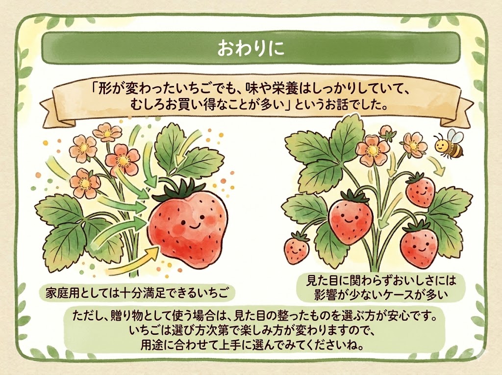 形が変わったいちごでも、味や栄養はしっかりしていて、むしろお買い得なことが多い