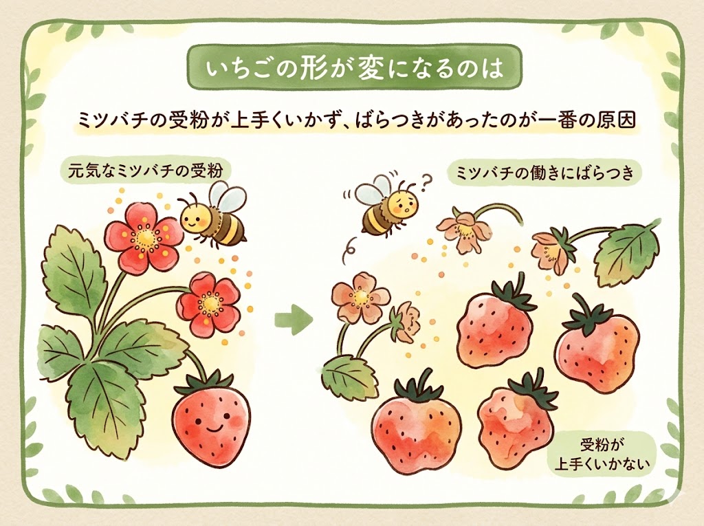 いちごの形が変になるのは、ミツバチの受粉が上手くいかず、ばらつきがあったのが一番の原因