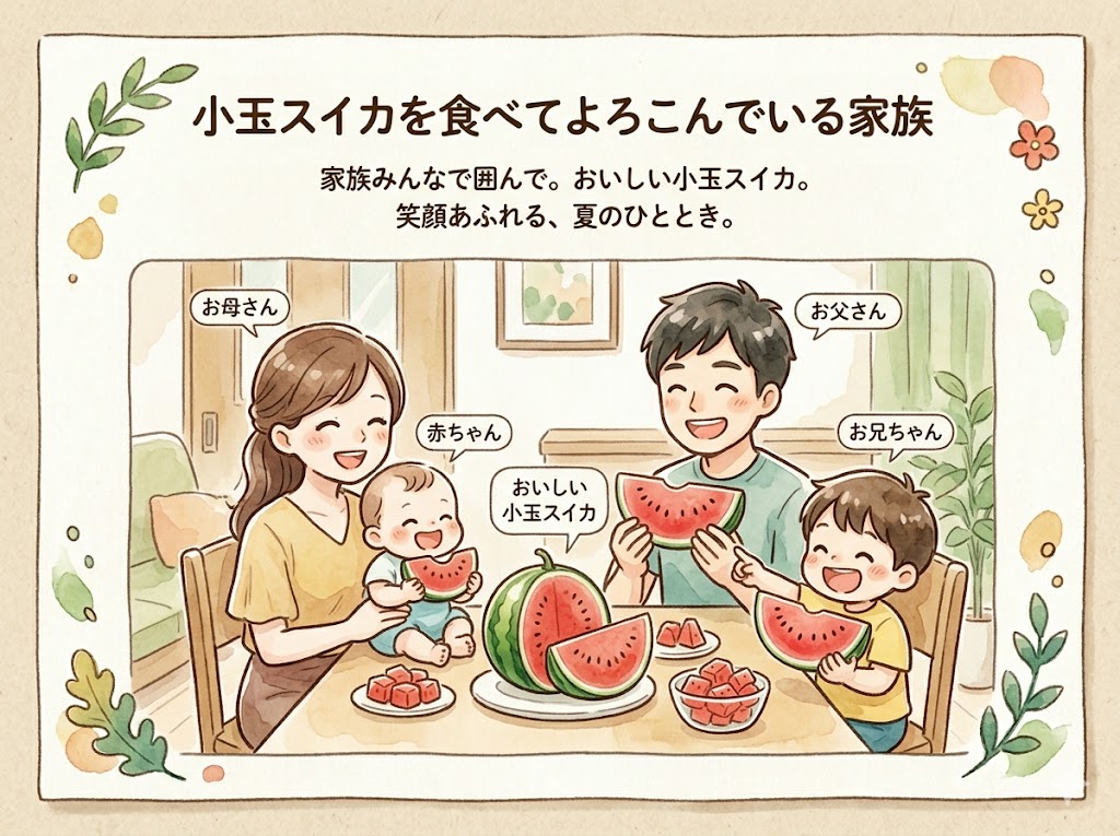 美味しい小玉スイカを食べている家族