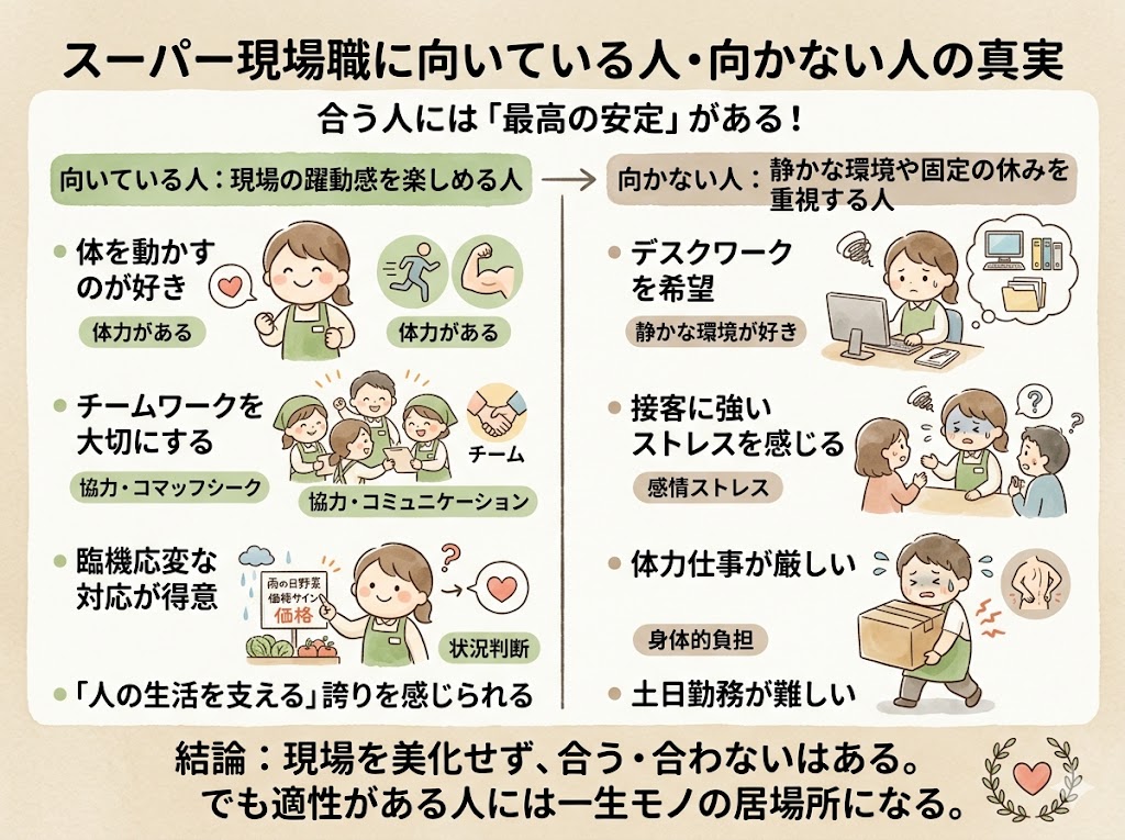 スーパーの仕事は、合う・合わないはある。でも「向いている人」にとっては、これ以上ない安定した仕事。