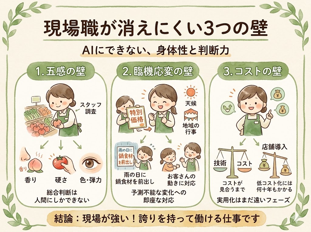 現場の仕事は「身体性＋リアルタイムの判断力」が必要。これはAIが最も苦手な領域。