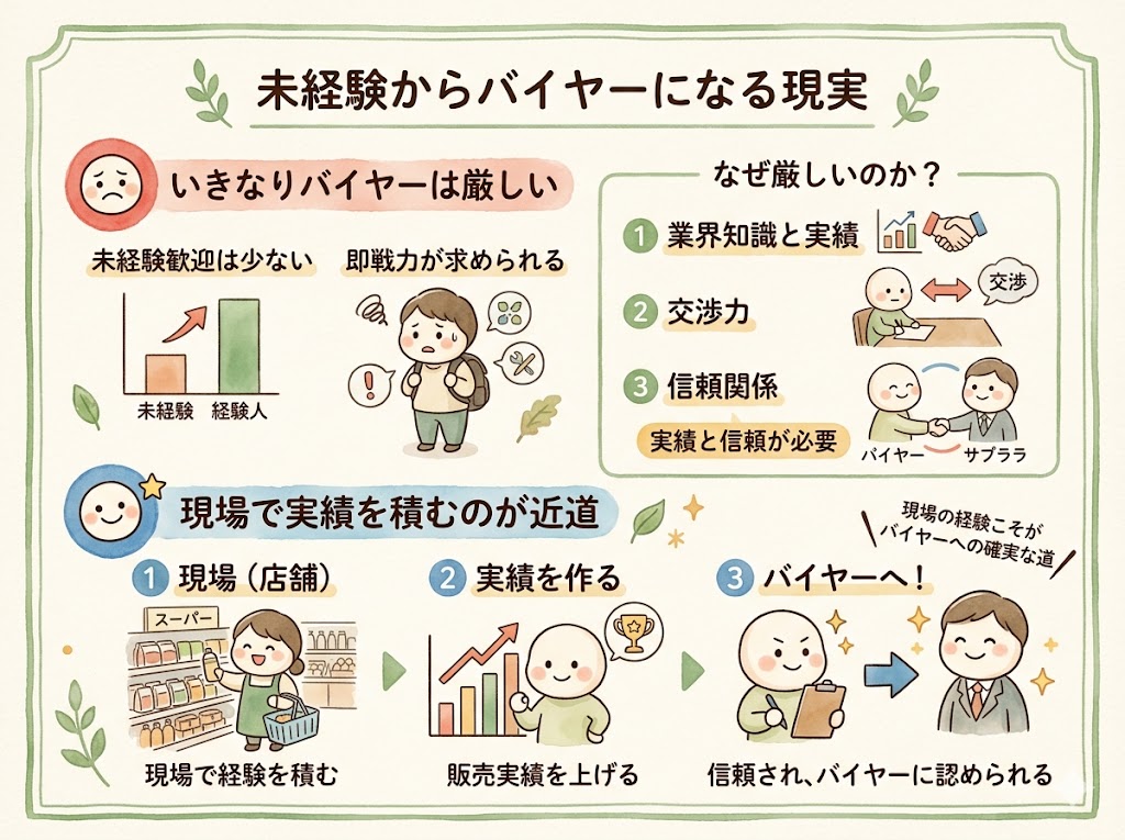 バイヤーは未経験での転職は正直厳しい。まず現場で実績を積むのが現実的なルート。