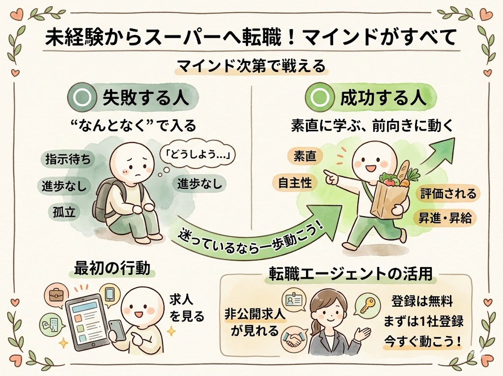 未経験のスーパー転職：成否はマインドで決まる。素直に学び、自ら動く人が評価される。