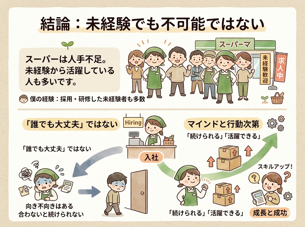 スーパーへの転職は未経験でも不可能ではない。ただし「誰でも大丈夫」ではなく、向き不向きはある。