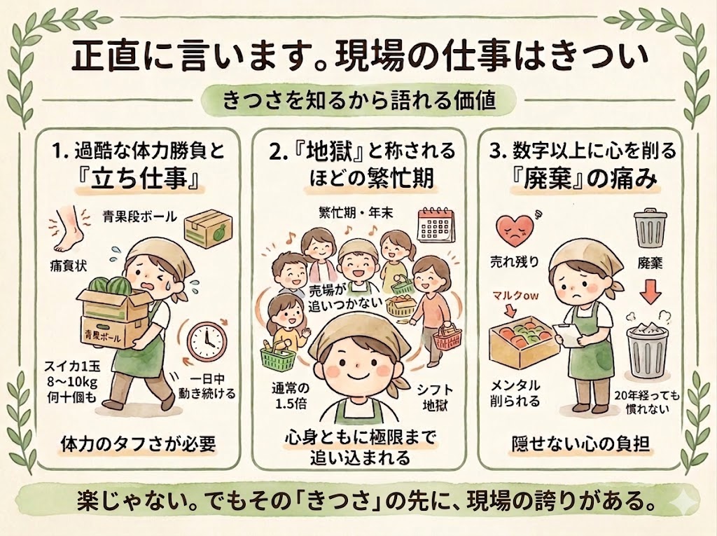 正直、スーパーの現場の仕事は楽ではない