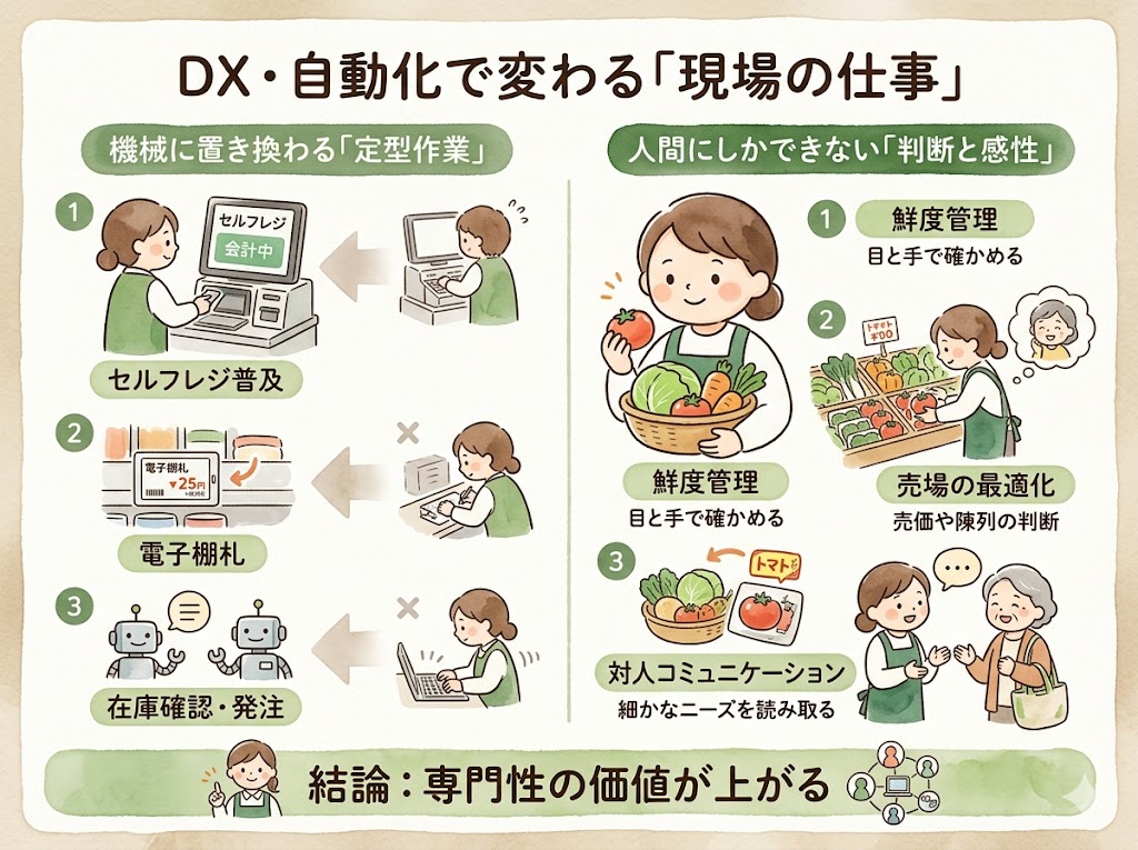 スーパー業界｜DXや自動化で「消える仕事」「残る仕事」はどう変わる？