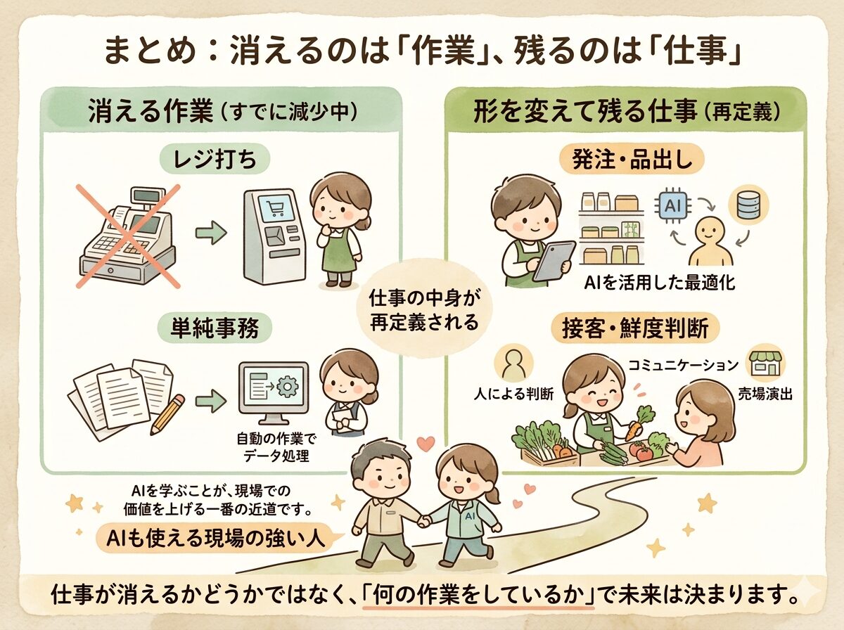 まとめ：スーパーへのAI導入で、消えるのは「仕事」ではなく「作業」