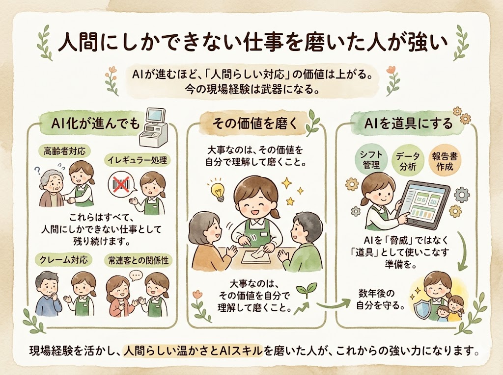 AIが進むほど、「人間らしい対応」の価値は上がる。今の現場経験は武器になる。
