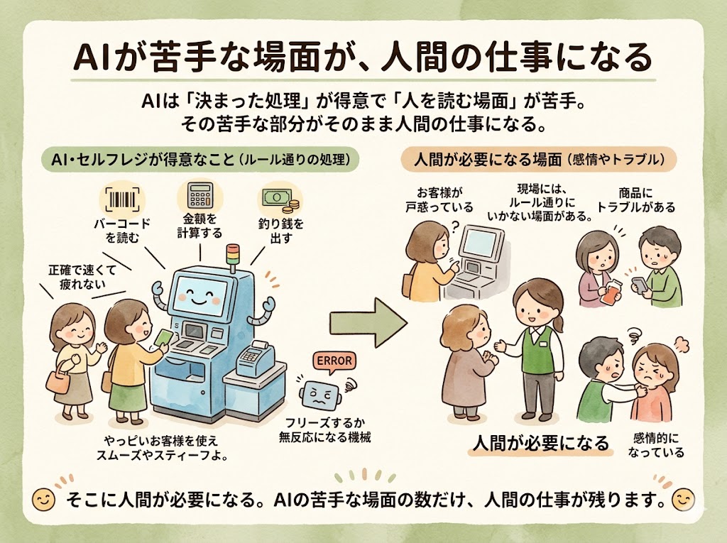 AIは「決まった処理」が得意で「人を読む場面」が苦手。その苦手な部分がそのまま人間の仕事になる。