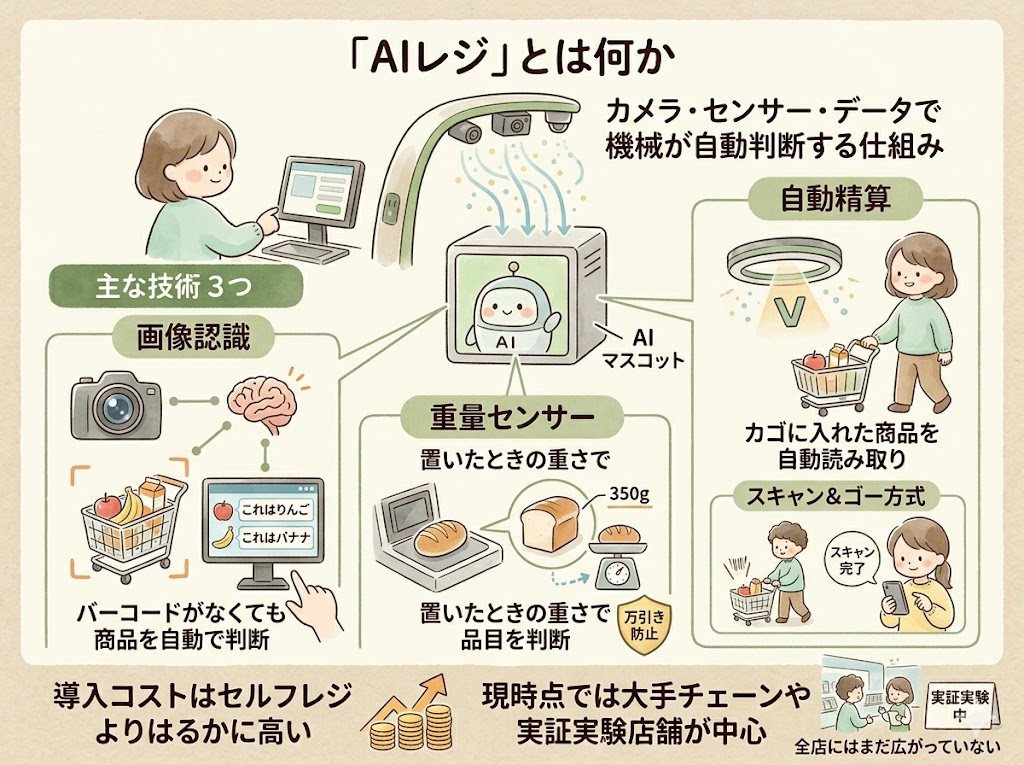AIレジは「カメラ・センサー・データで機械が自動判断する」仕組み。セルフレジとは別次元の技術。