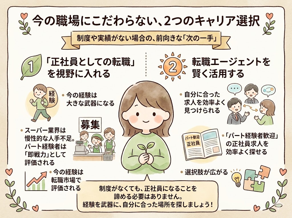 スーパーでパートから正社員になる制度がない・登用されない場合の選択肢
