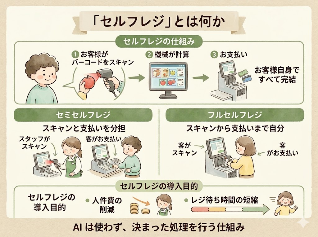 セルフレジは「人の代わりにお客様が操作する機械」。AIは使っていない。