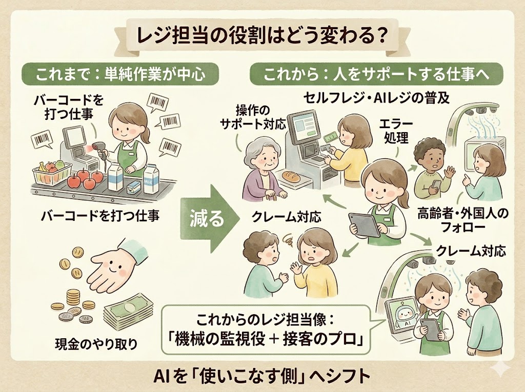 AIレジの導入で「バーコードを打つ仕事」は減る。「人をサポートする仕事」は増える。