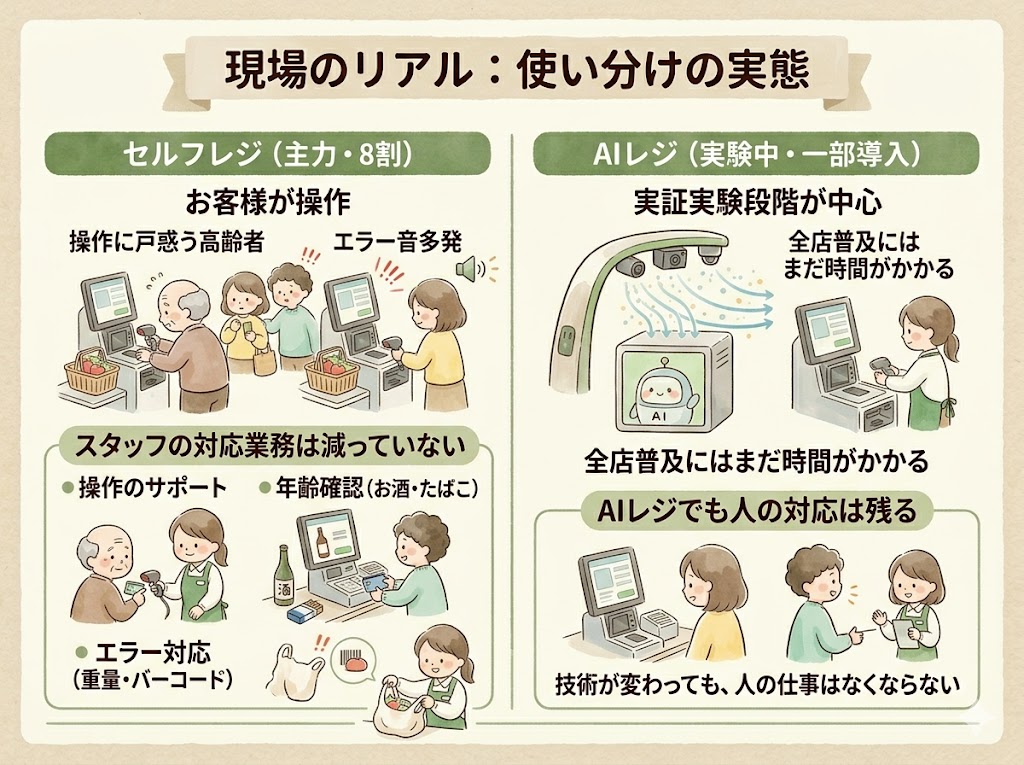 現場のリアルは「セルフレジ8割・AIレジ実験中」という状況。スタッフの仕事はなくなっていない。