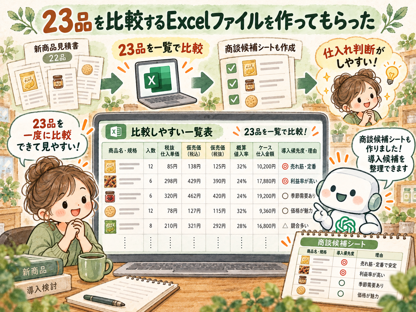23品を比較するExcelファイルを作ってもらった