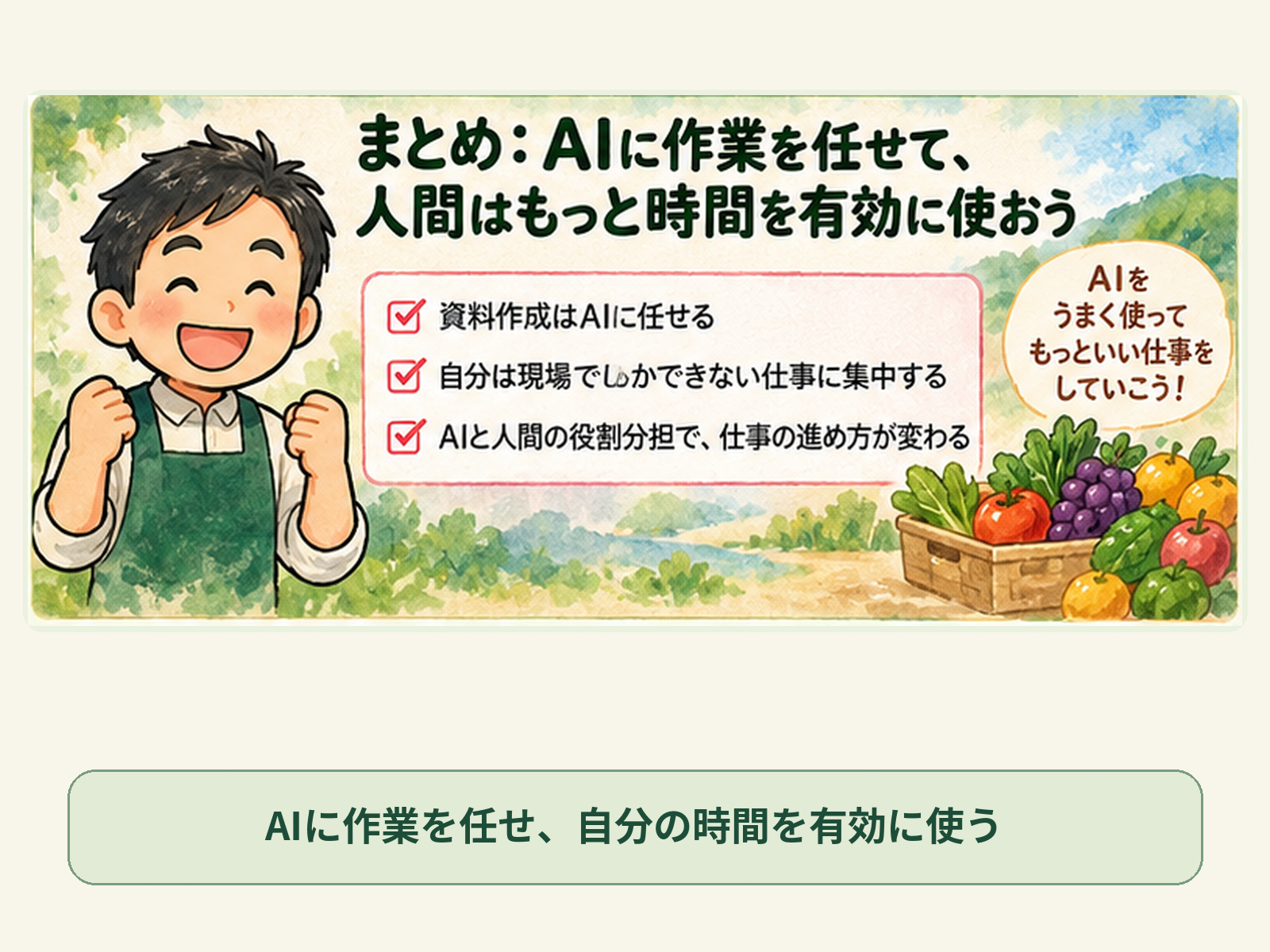 まとめ：AIに作業を任せて、人間はもっと時間を有効に使おう<
