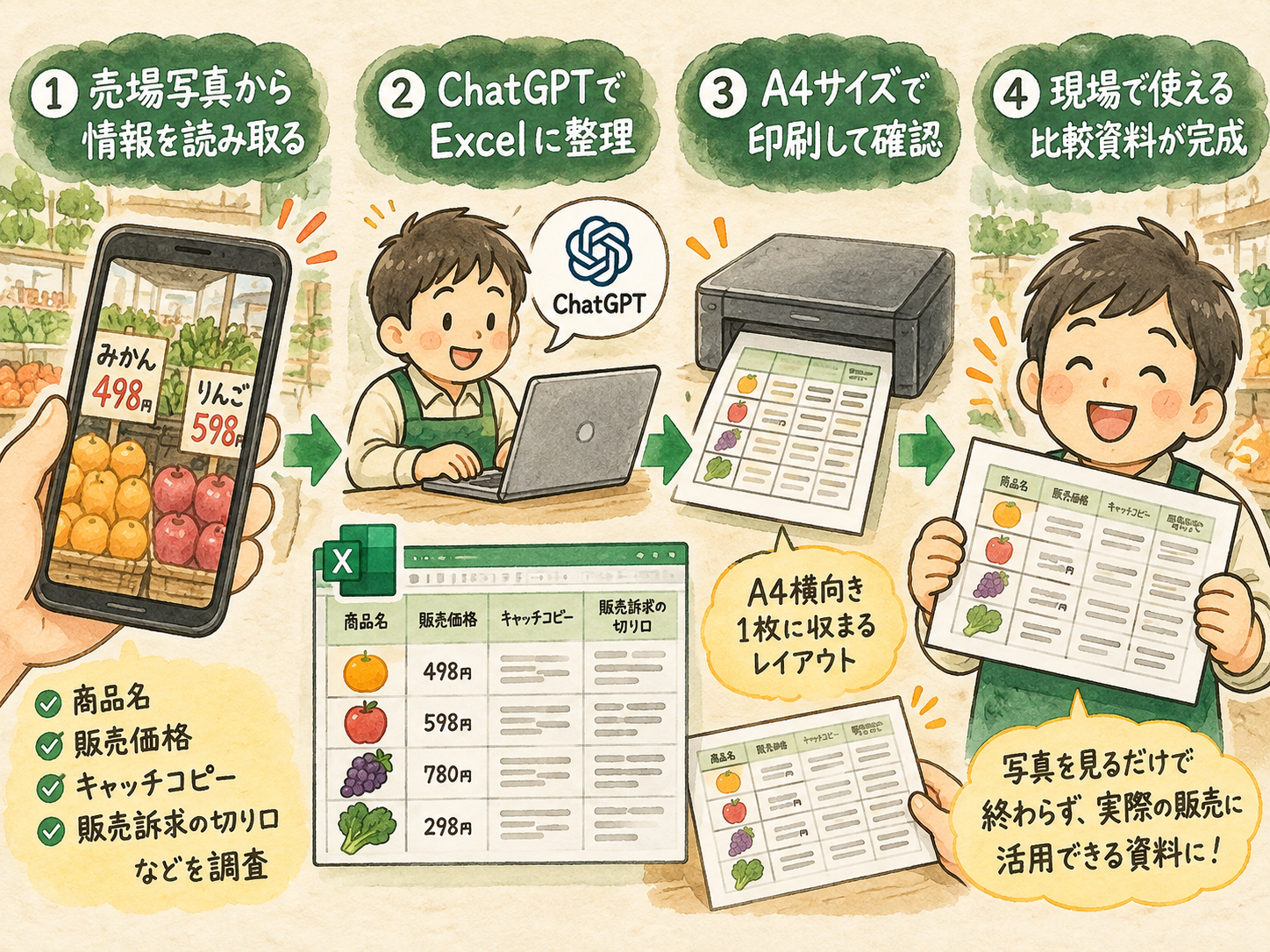 調査結果をChatGPTでExcelにまとめ、A4サイズで印刷