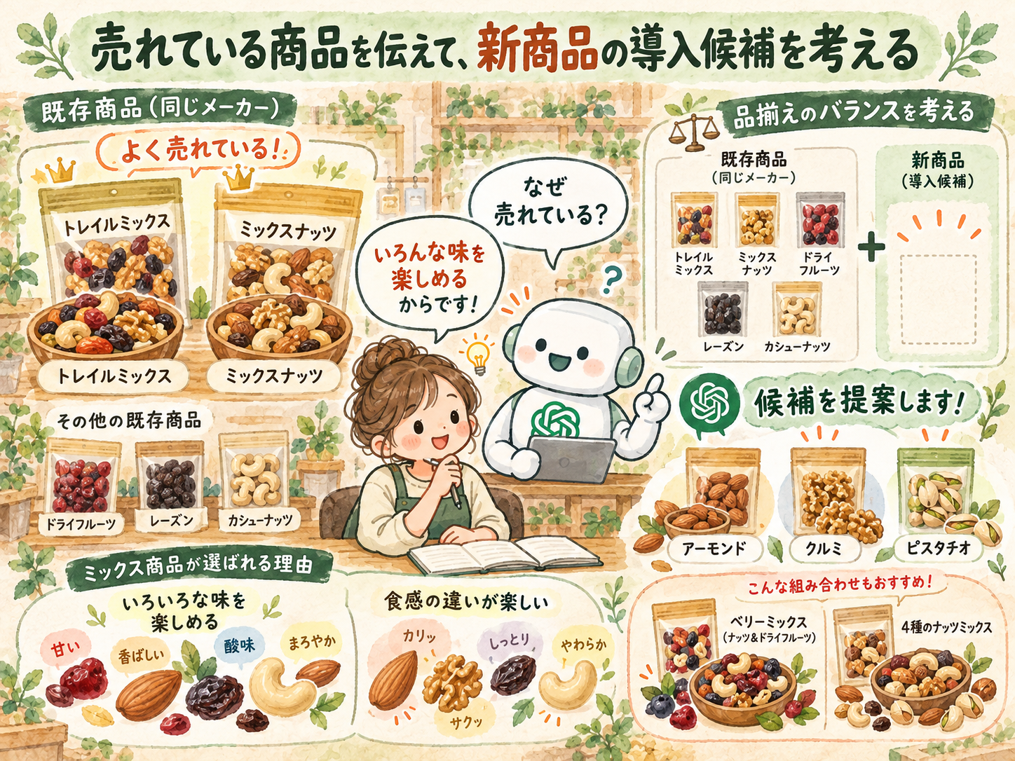 売れている商品を伝えて、新商品の導入候補を考える